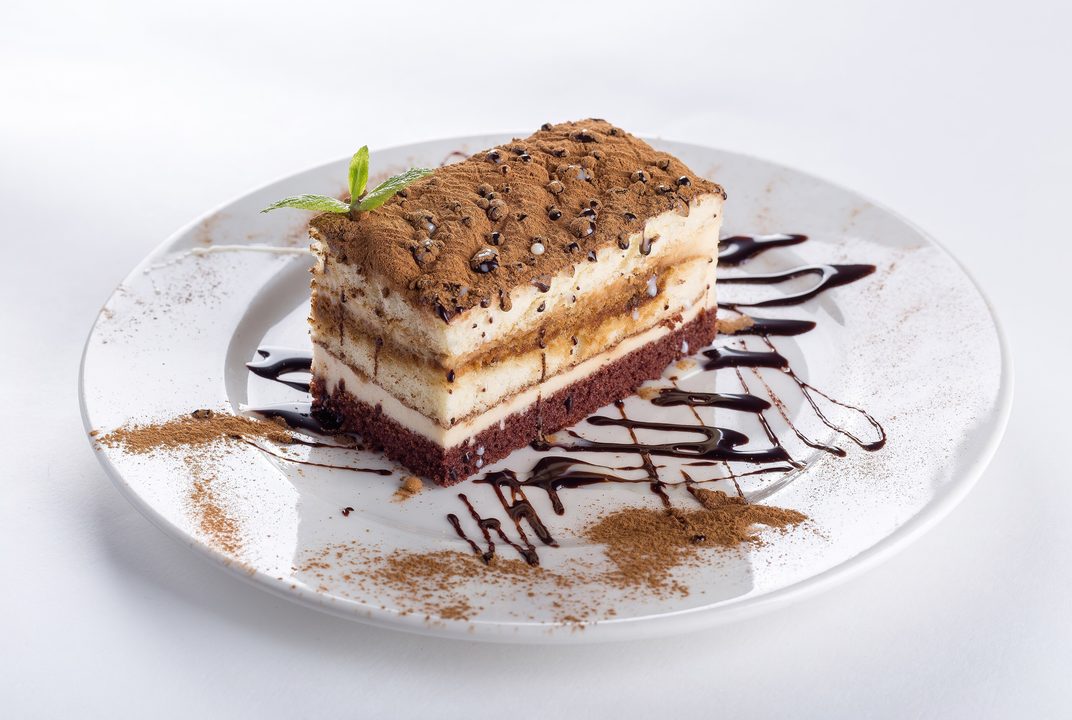 A layered chocolate cake slice dusted with cocoa on a white plate