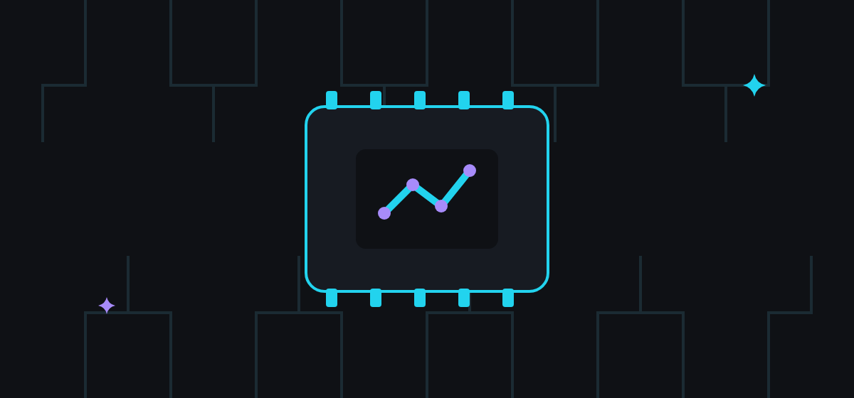 A glowing cyan computer chip with a rising line chart on a dark circuit board