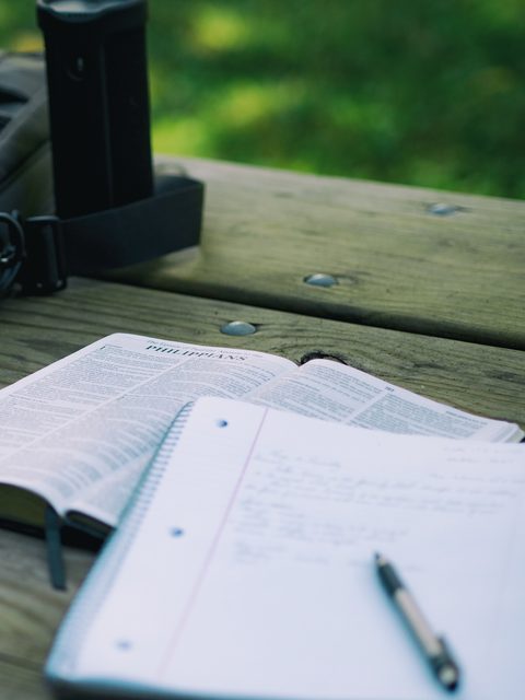 Open notebook, pen and textbook on a wooden picnic table