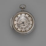 Silver pocket watch with a round case on grey