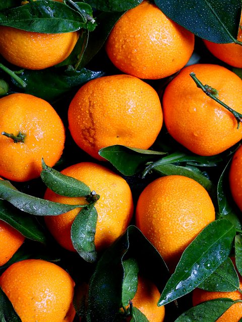 A pile of fresh oranges with green leaves