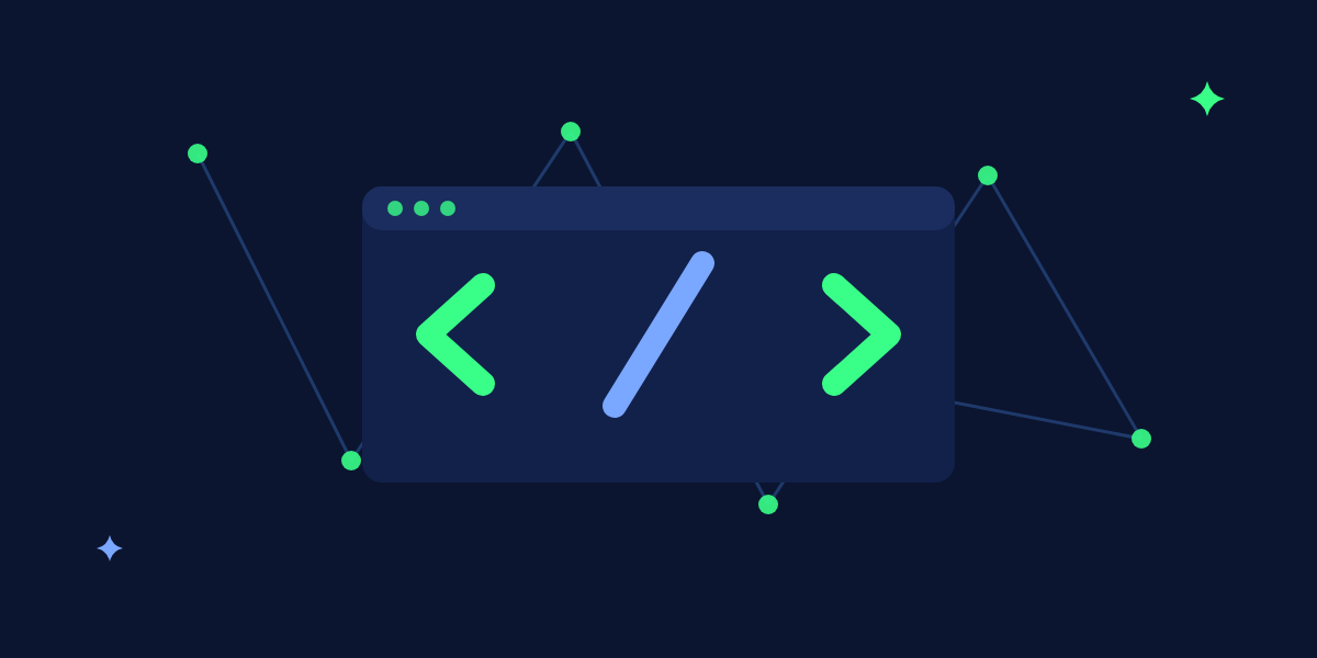 Code brackets on a dark editor window surrounded by glowing green network dots