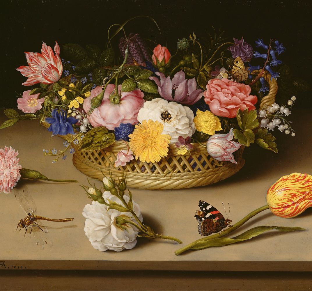 Old Dutch still life painting of a basket of flowers with a butterfly and a tulip