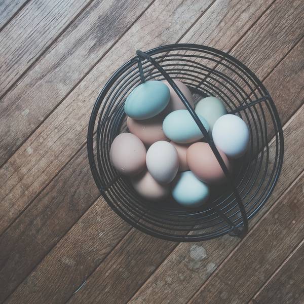 Pastel eggs in a round black wire basket on wooden boards