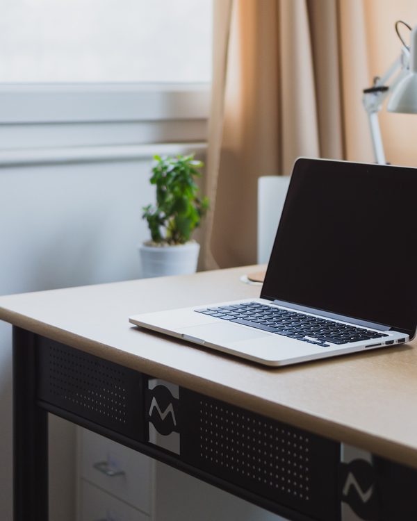 Bright corner desk with an open laptop and a small potted plant by a window