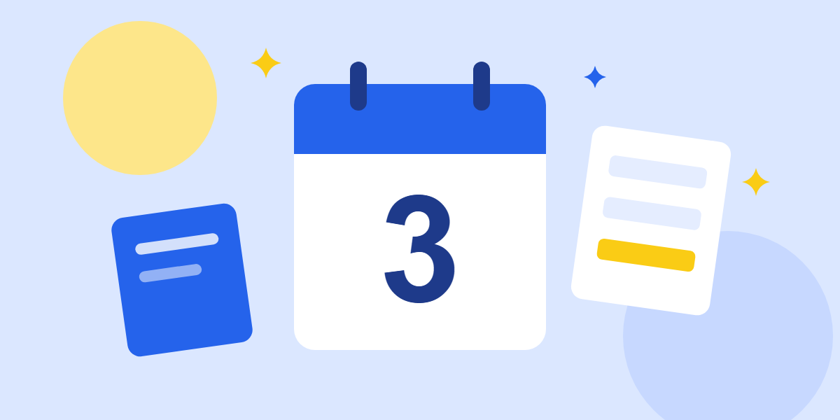 Blue calendar page showing the number 3 between floating form cards