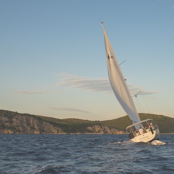 A sailboat heeling in the wind off a rocky green coast