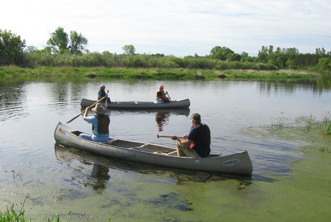 Volunteers in canoes picking up litter on a calm green river