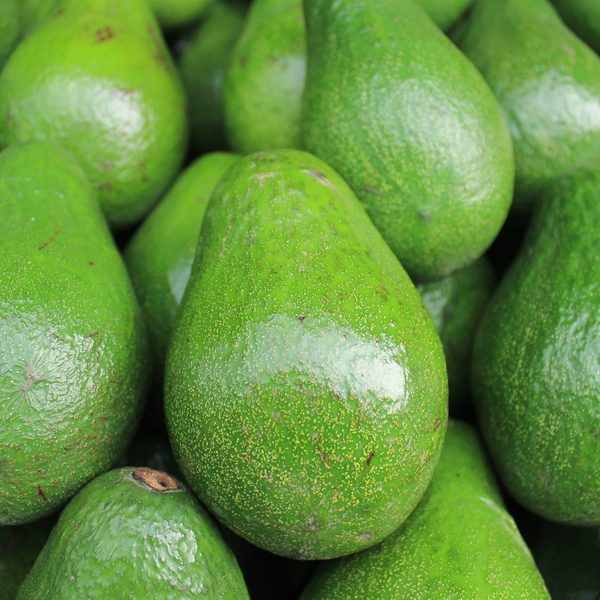 A pile of glossy green avocados