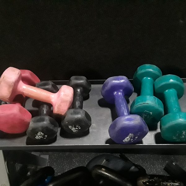 Pink, black, purple and teal dumbbells on a dark gym rack