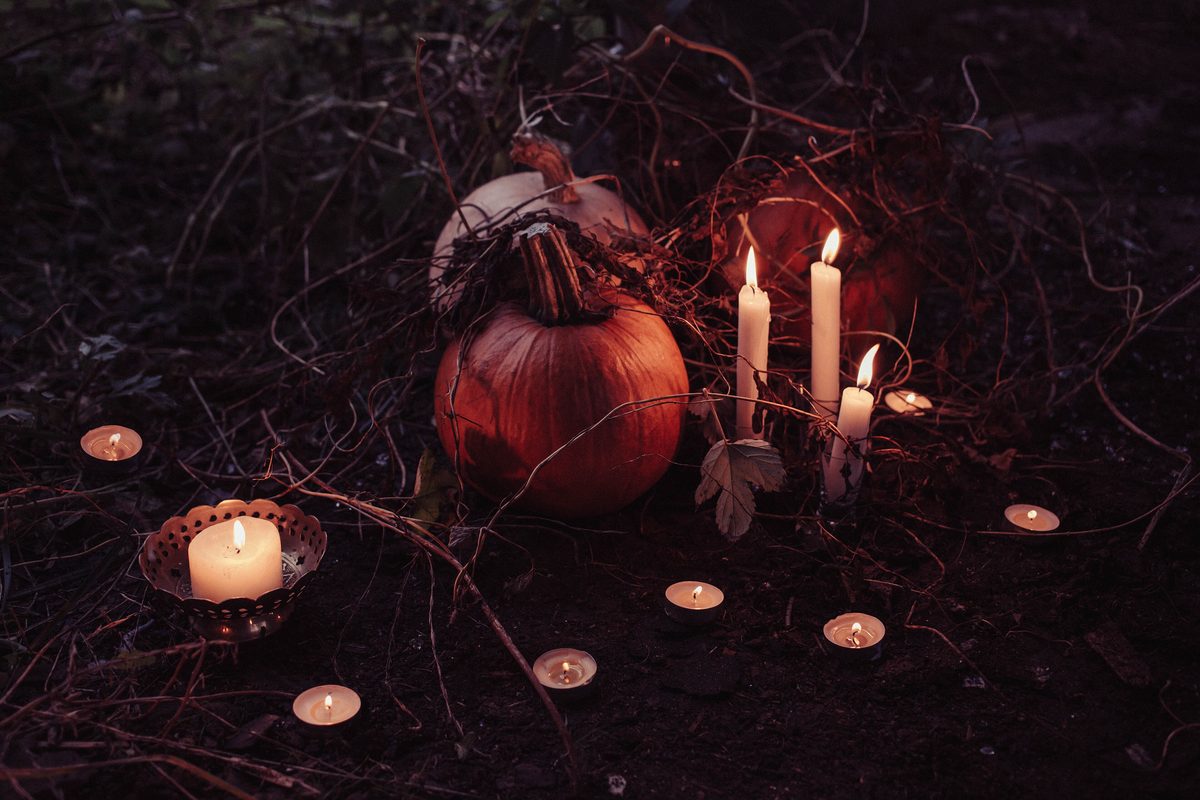 A pumpkin and lit candles on a dark forest floor scattered with tea lights