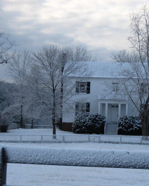 Snowy white house among bare trees on a grey winter day