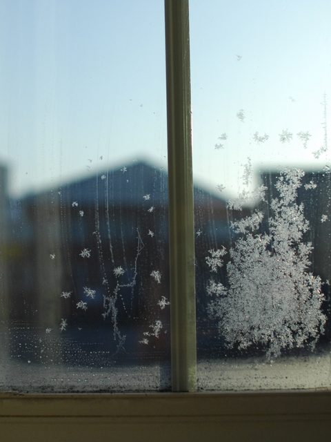 Frost patterns on a window pane in a wooden frame
