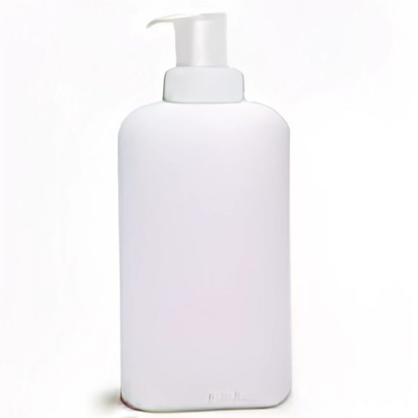 Plain white pump bottle of lotion on a white background