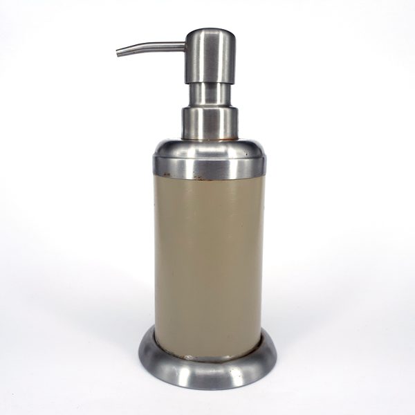 Pump bottle in matte beige and steel on a white background