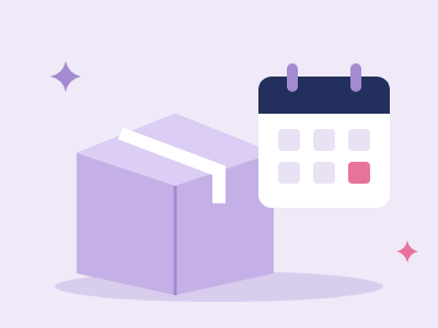 A lilac parcel next to a calendar with one day marked in pink