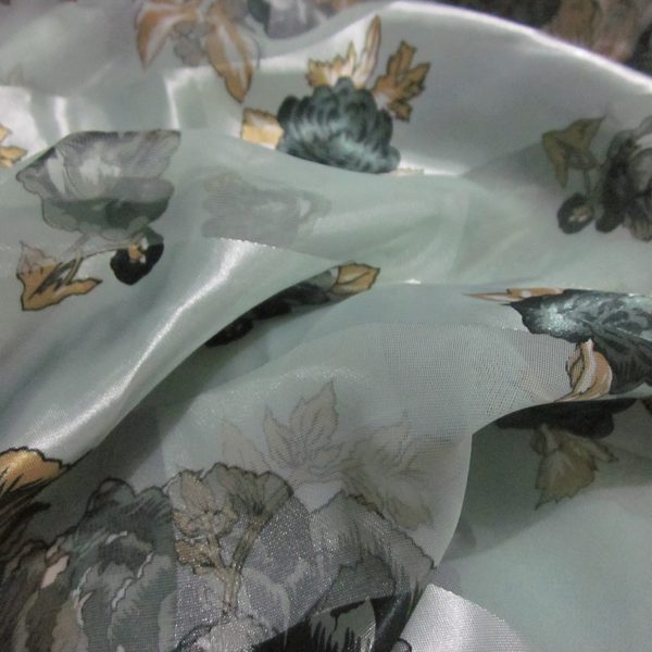 Soft blue grey silk scarf with a floral print