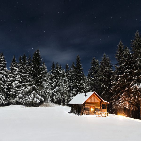 A small wooden cabin with warm lights below snowy pines at night