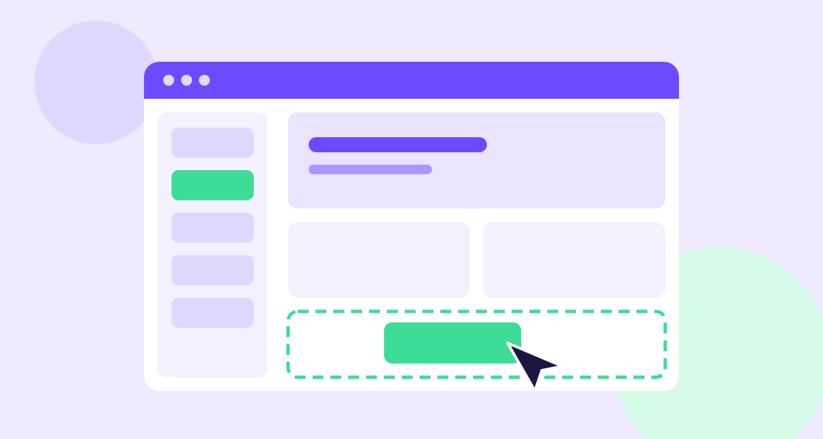 Website editor window with a green block being dragged into a page by a cursor