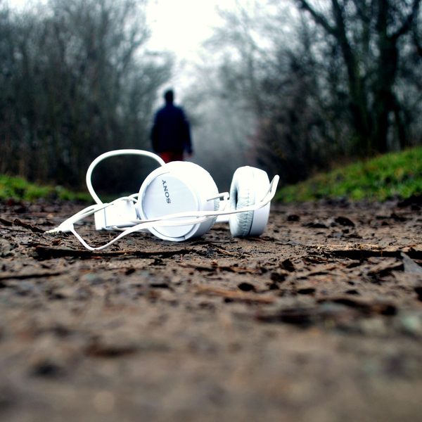 White headphones lying on a forest path