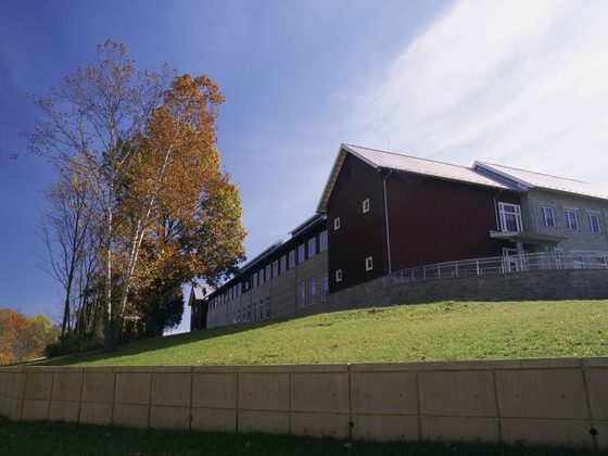 Large modern house behind autumn trees