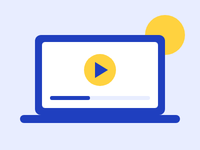 A laptop showing a video lesson with a yellow play button