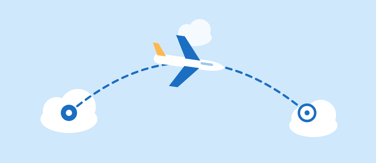 A plane flying along a dotted route between two airport markers among clouds