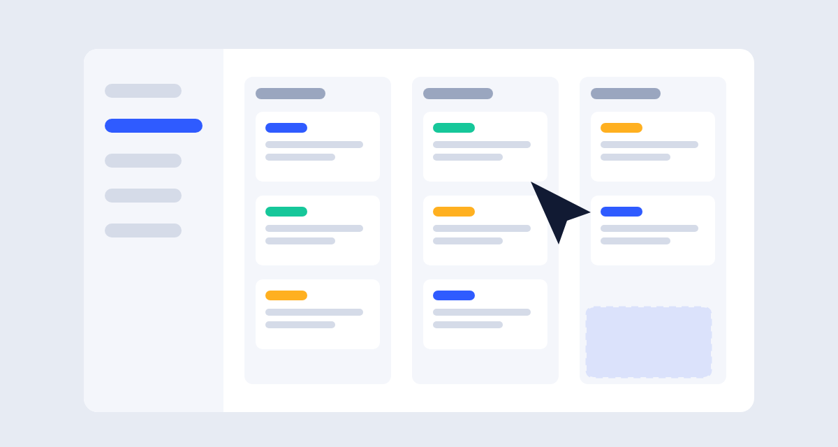 The Tasklane app with a sidebar and three columns of colored task cards