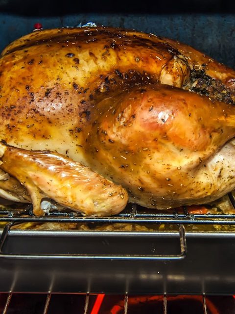 A golden roast turkey on a rack inside a hot oven