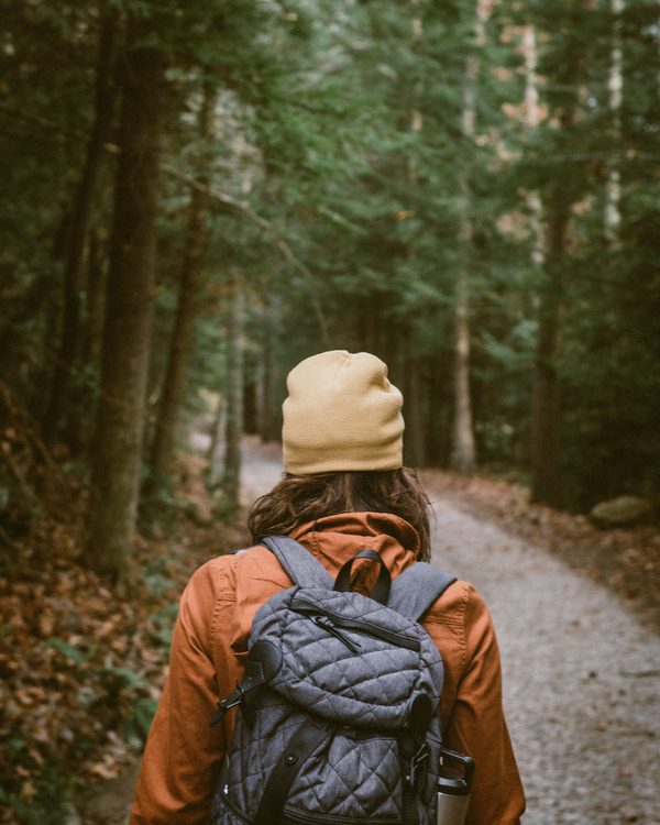A hiker in an orange jacket with a grey backpack walks a forest trail