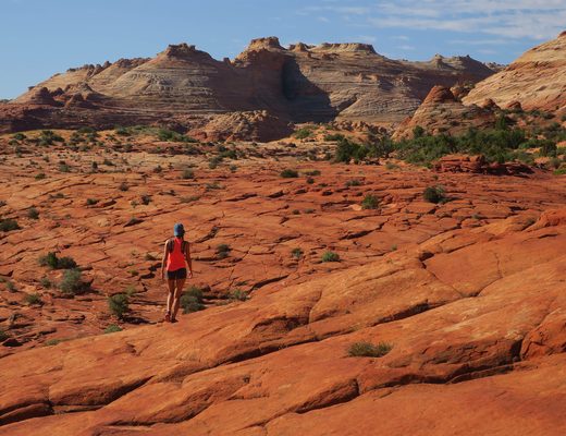 Walker crossing red rock country under a blue sky