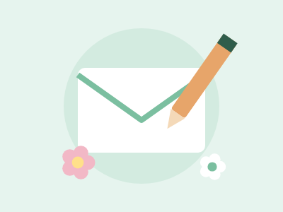 A white envelope with a pencil and two small flowers on a mint circle